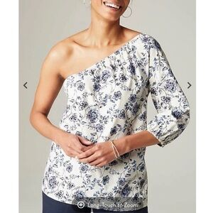 J. Jill One Shoulder Puff Sleeve Top Sz XS Tall Blue Floral Cotton Modal Blend